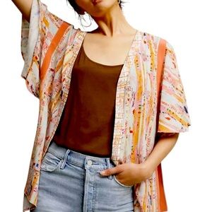 Anthropologie Floreat | Orange & Ivory Striped Boho Kimono Sleeve Top One Size
